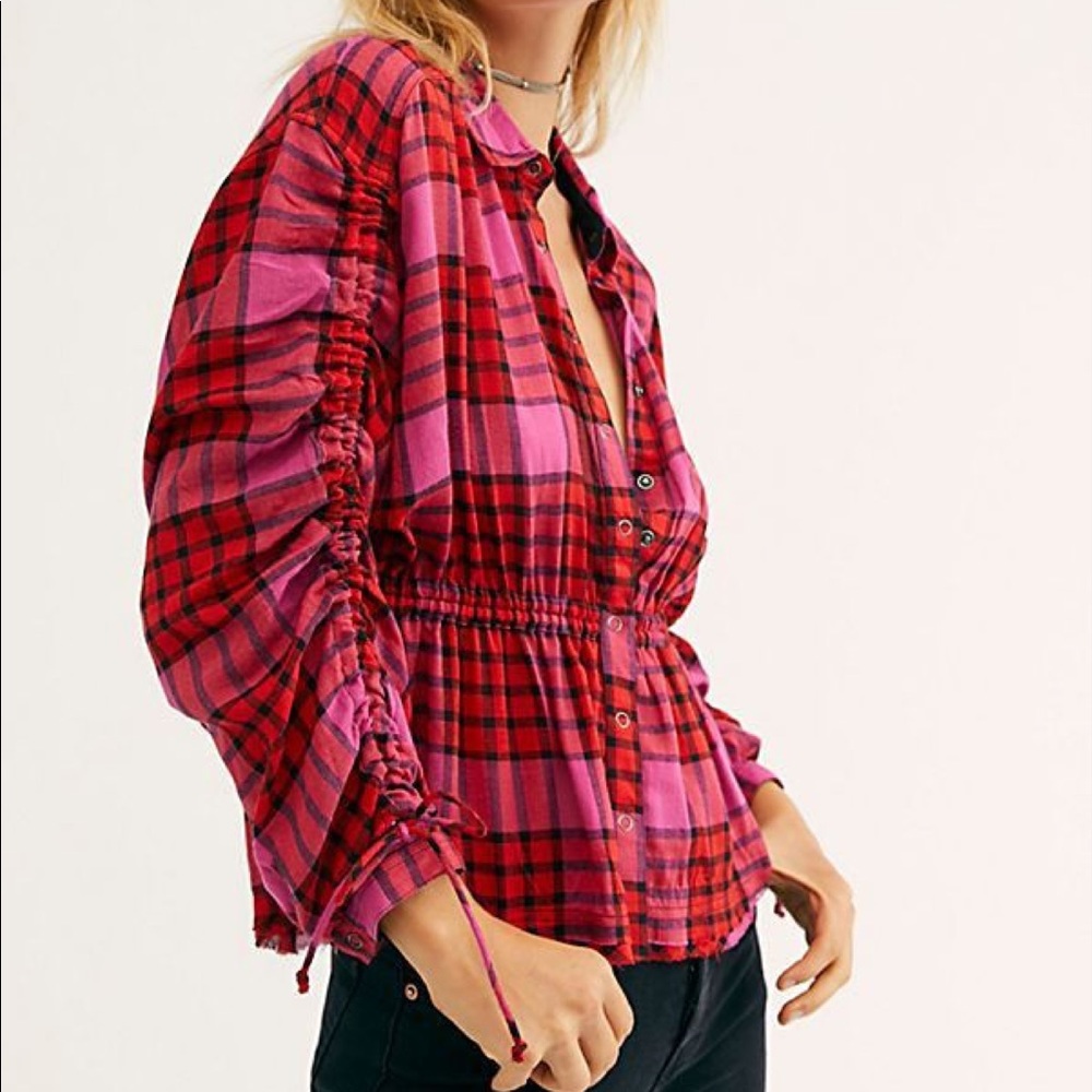 FREE PEOPLE PACIFIC DAWN DRAWSTRING PLAID SHIRT XS